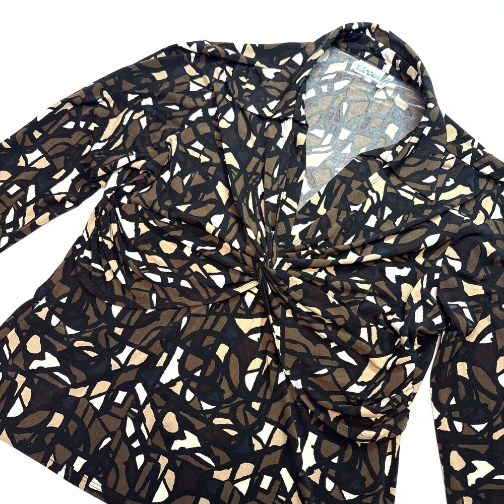 Nicole Miller Blouse Women’s Brown Black Abstract Twist Front Size XL
